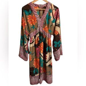 Karen Zambo Brown amp Orange vneck long sleeves Midi Dress Bohemian Flair Sz M